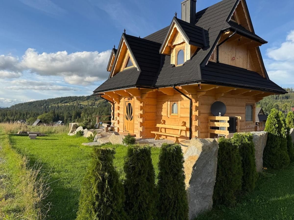 Dom z bali wśród żywopłotu z tui, w tle zalesione wzgórza